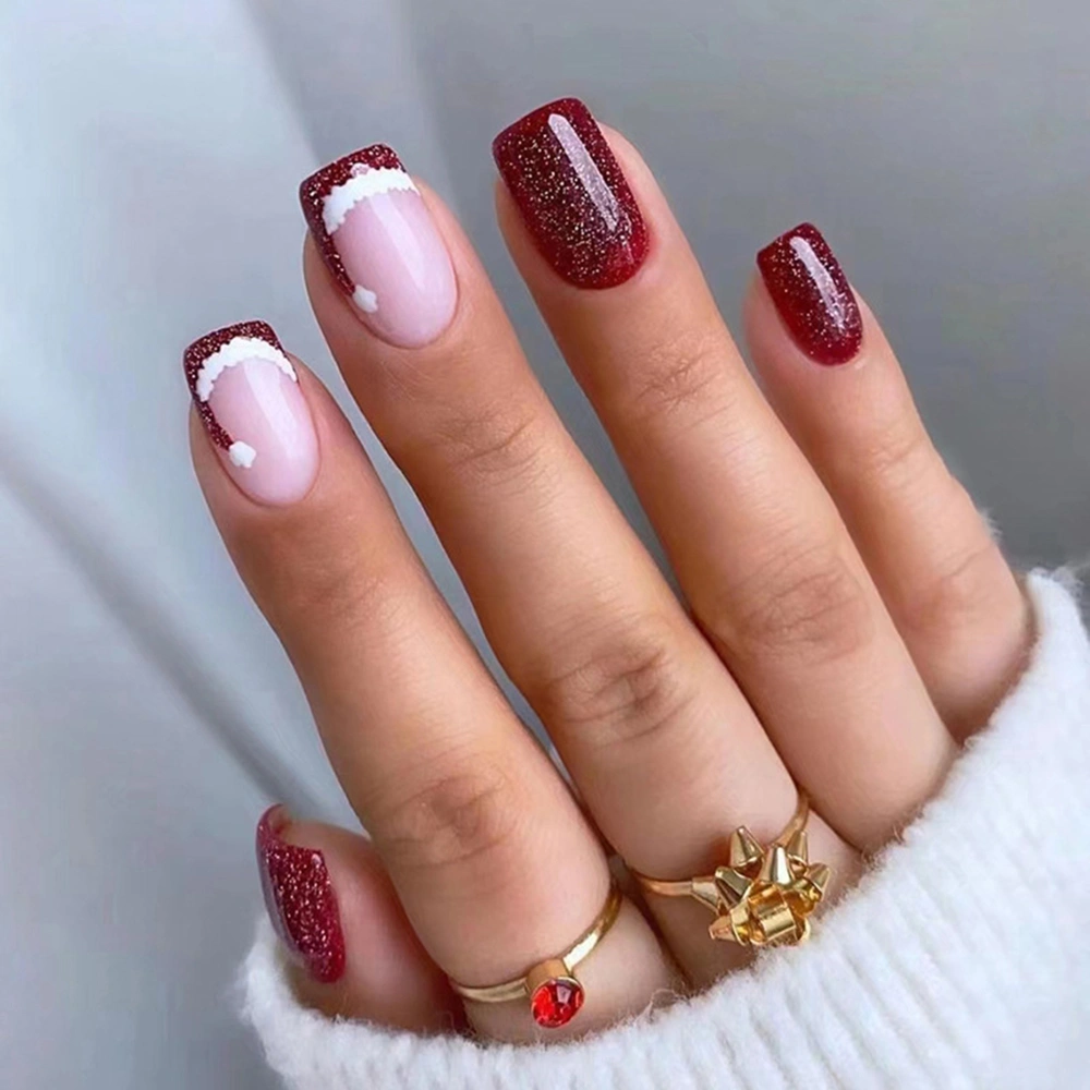 Christmas Press on Nails 24Pcs Glue On Nails with Santa Hat Design