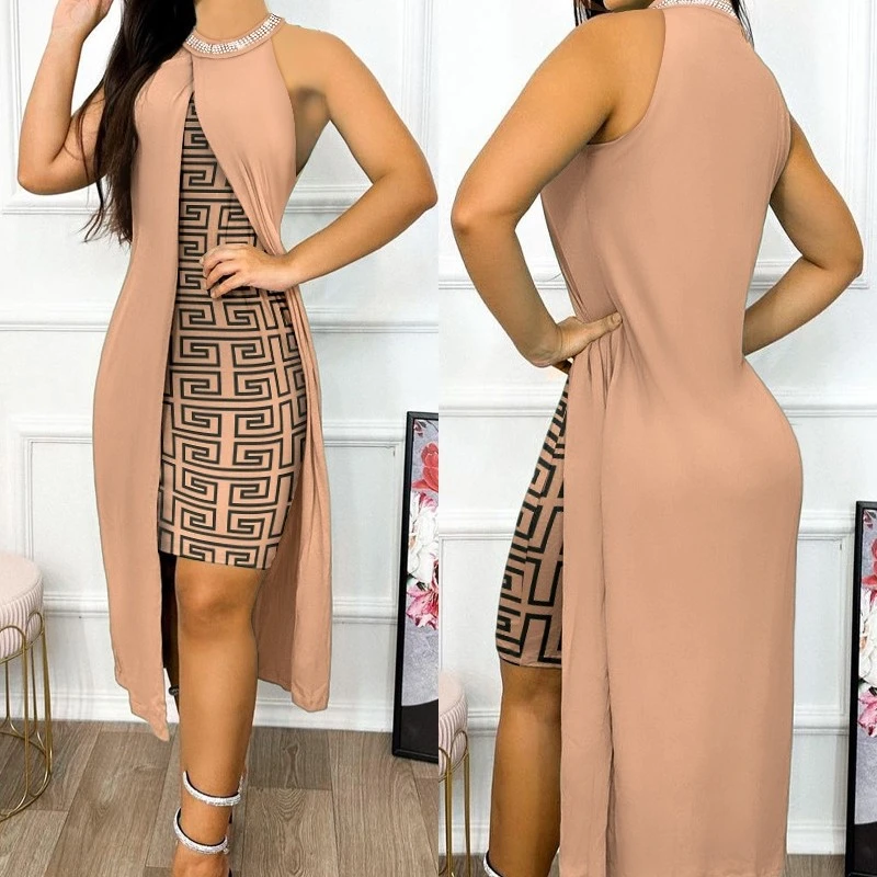 Summer New Sleeveless Solid Color Slit Dress
