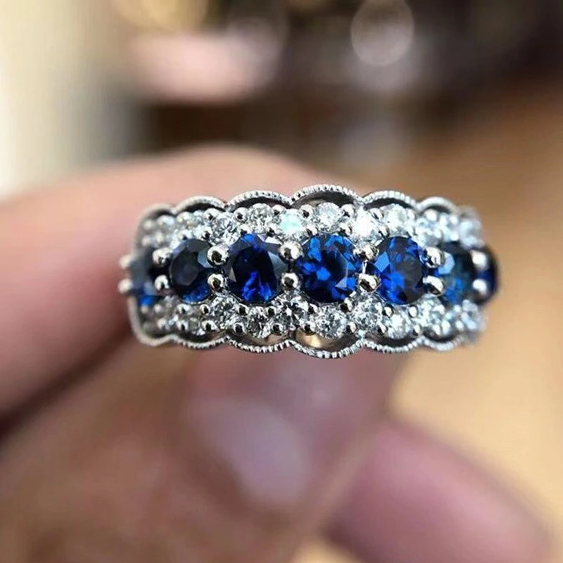 Women Fashion Jewelry Shiny Blue Crystal Inlaid Engagement Wedding Ring Anniversary Gift for Women