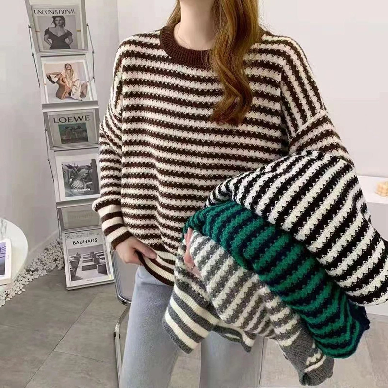 Retro Women Stiped Sweater Pullovers 2021 Autumn Winter Long Sleeve Loose Lazy Style O-neck Outwear Female Casual Knitted Tops