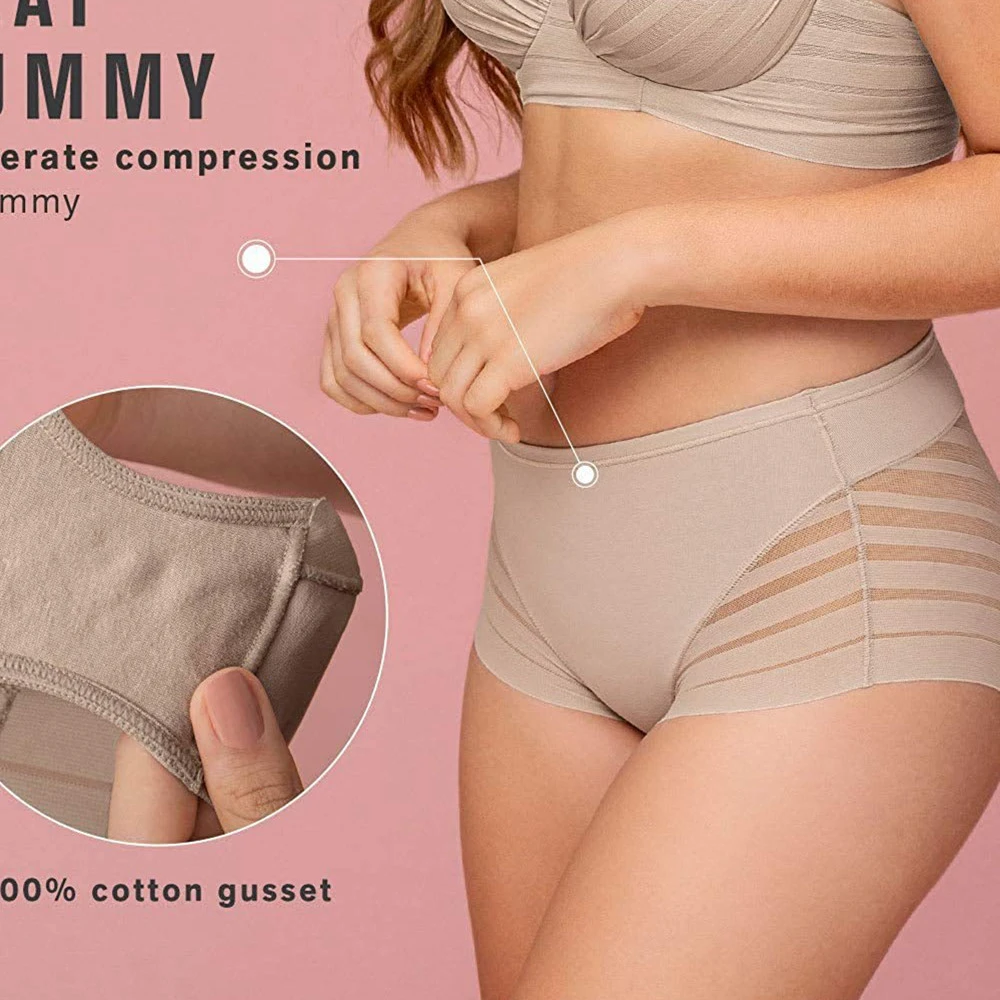 High Waist Ice Silk Breathable Belly Extraction Hip-lifting Striped Cotton Crotch Women's Underwear