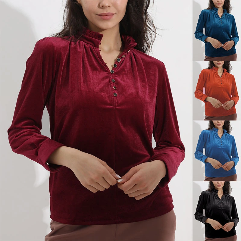 Women's Fashion V-neck Pleuche Long Sleeve Shirt Top