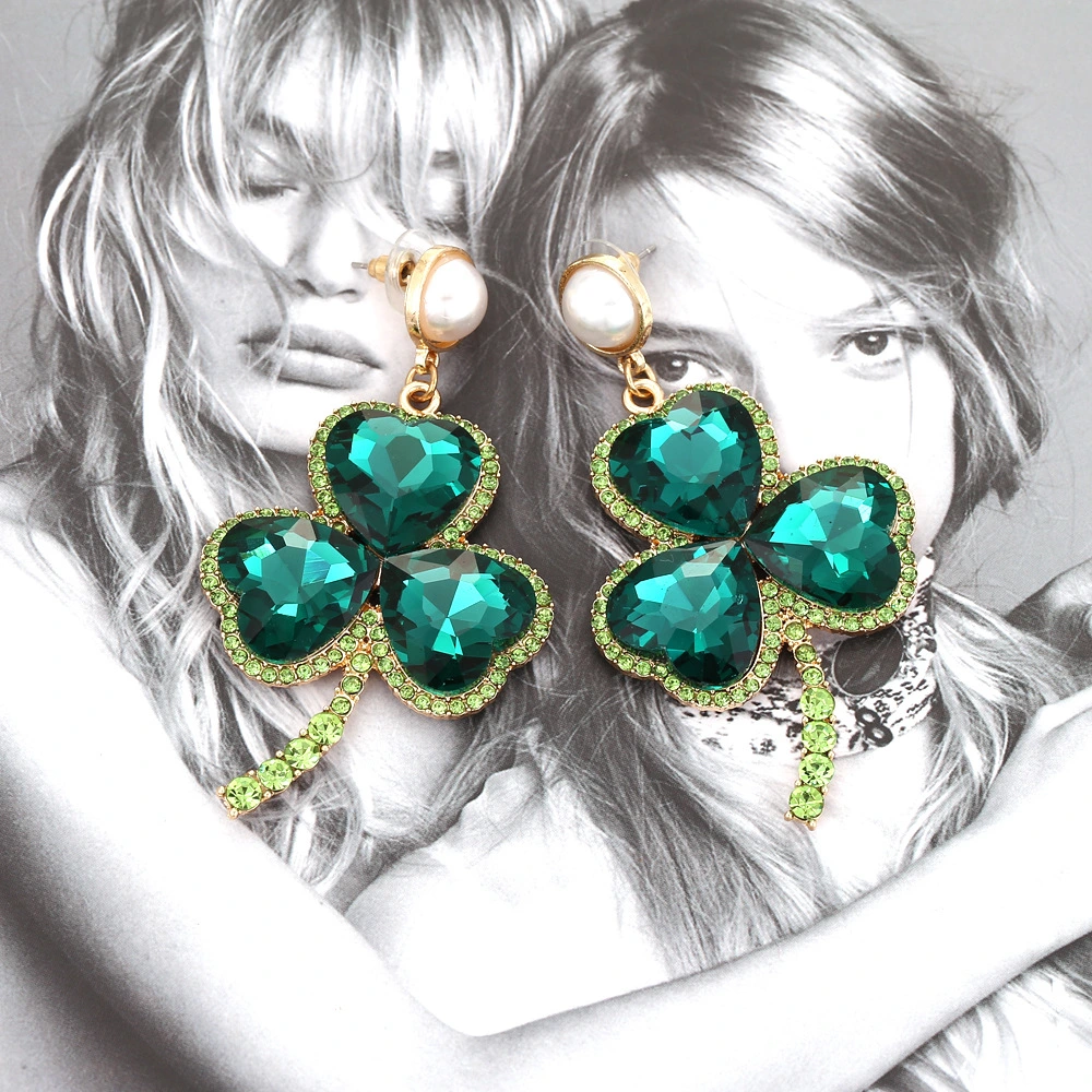 Emerald Colorful Crystals Clover Earrings