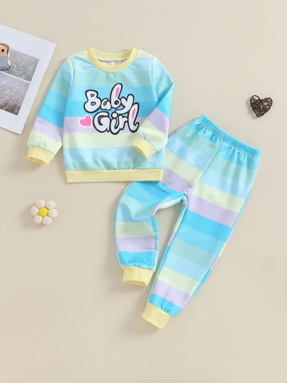 Toddler Girls 2 Piece Outfit Rainbow Striped Sweatshirt and Pants