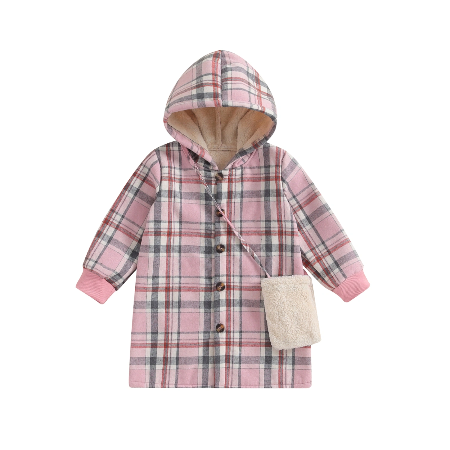 Toddler Girl Winter Coat Plaid Print Hoodie Jacket and Crossbody Bag