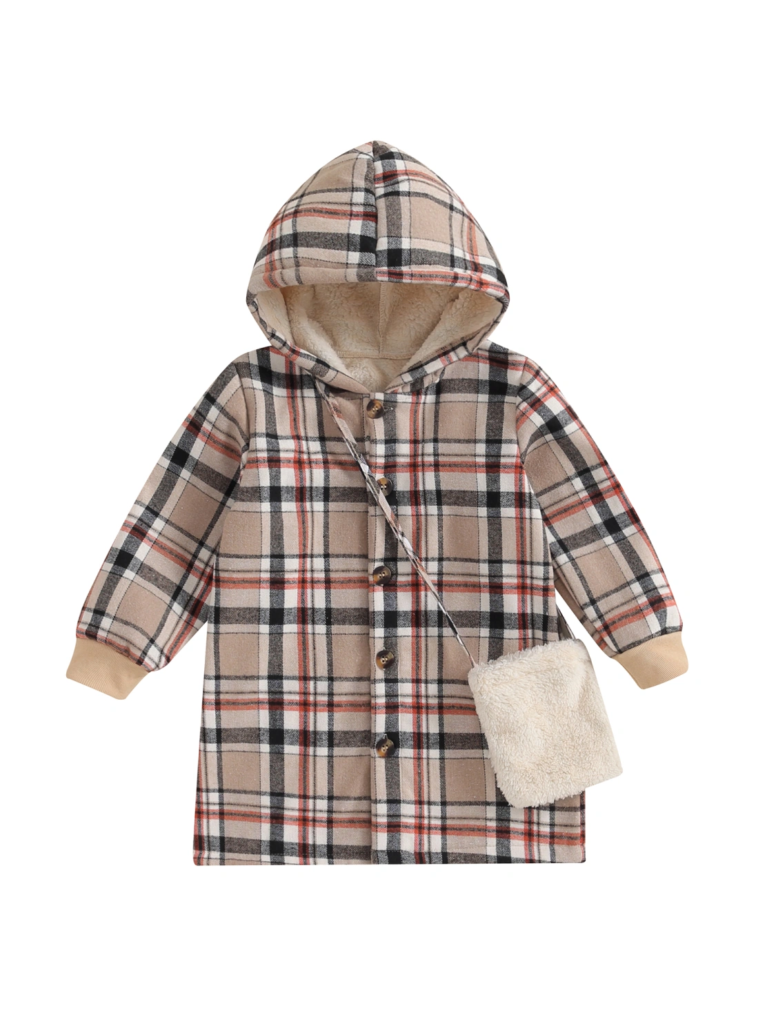 Toddler Girl Winter Coat Plaid Print Hoodie Jacket and Crossbody Bag