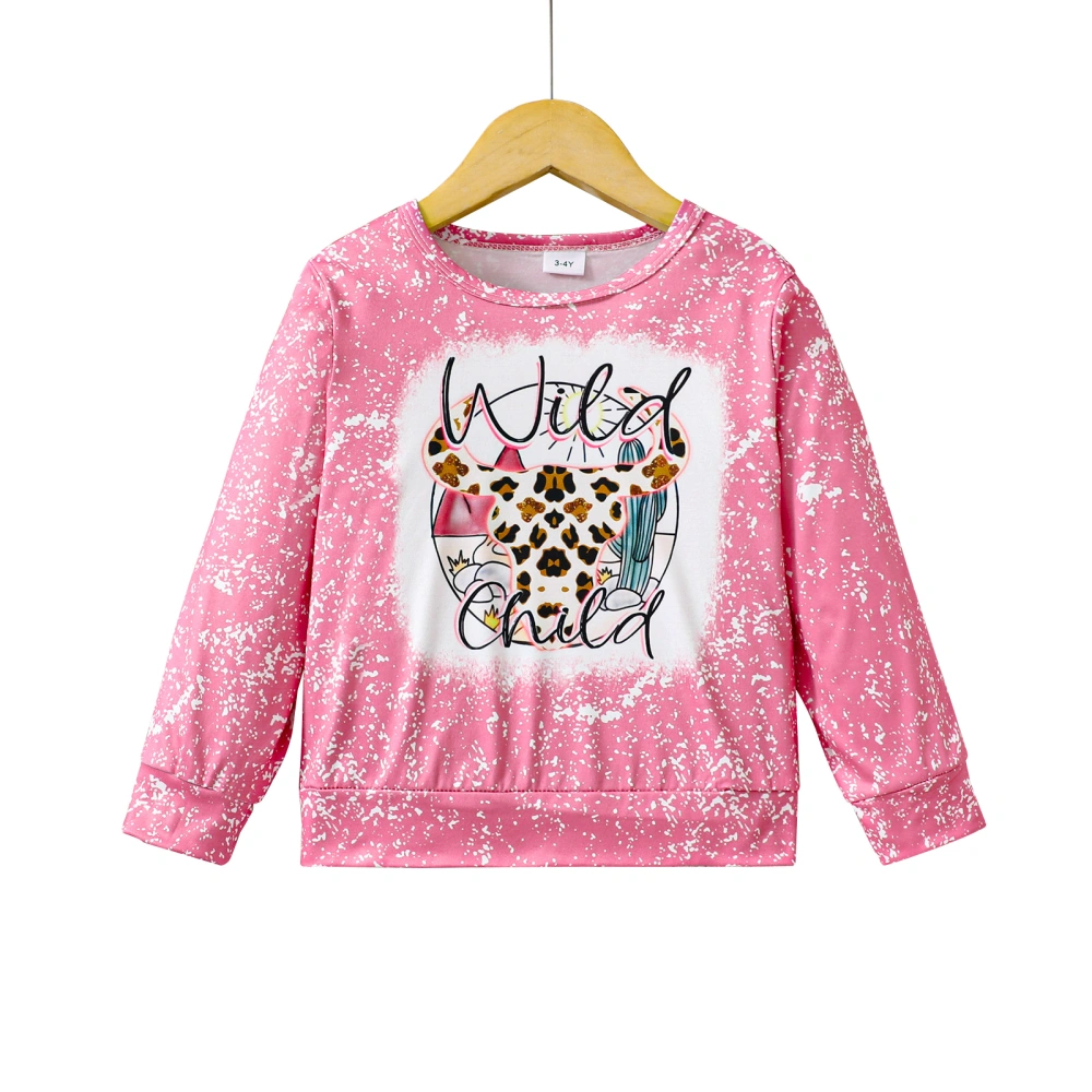 Girls Long Sleeve Crewneck Cattle Head Print Loose Fit Pullover Tops  