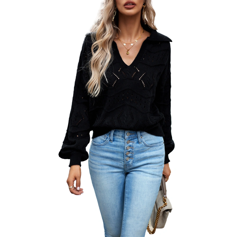 Women Loose Knit Sweater Hollow-Out Solid Color Long Sleeve Pullovers