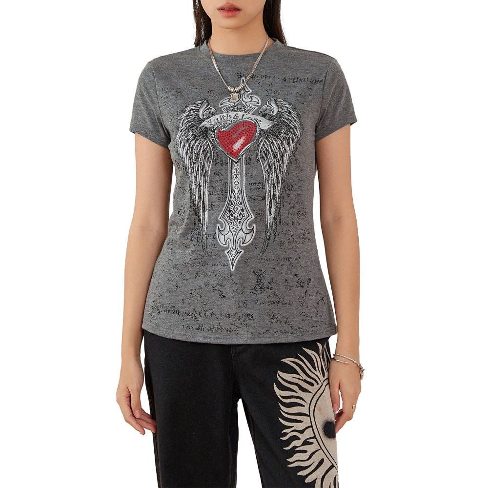 Women's Slim Gothic Tops Rhinestone Wing Print Cap Sleeve T-Shirts