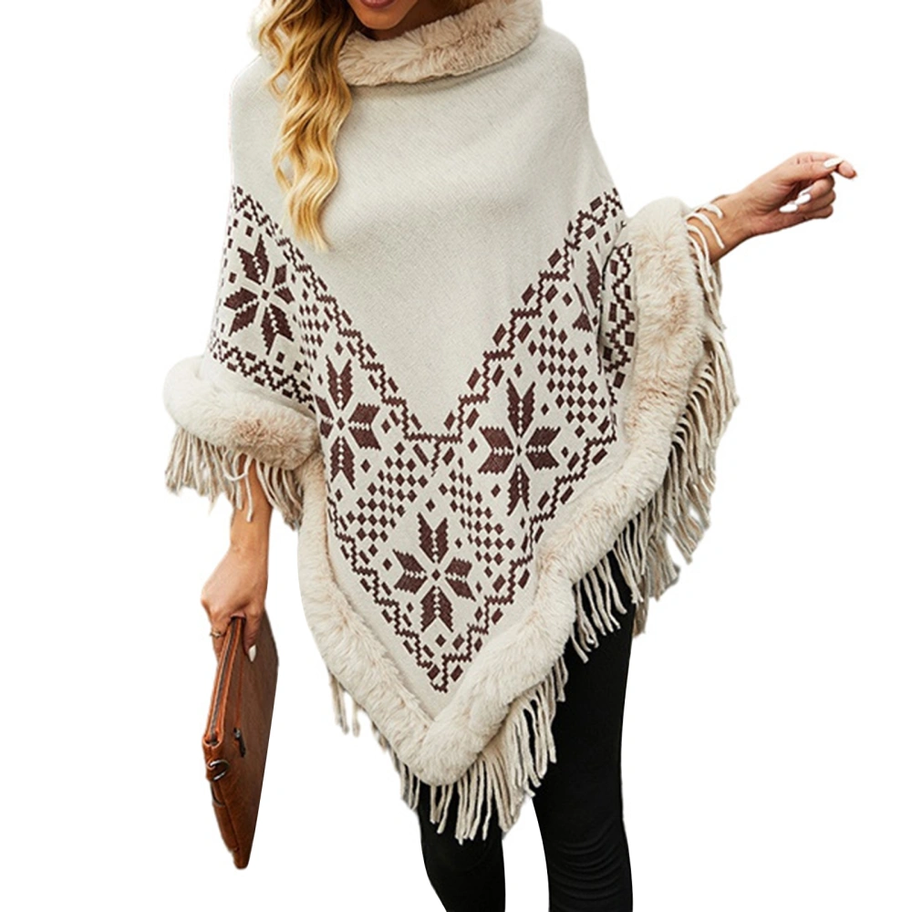 Women's Autumn Winter Plush Collar Boho Tassel Poncho Sweater