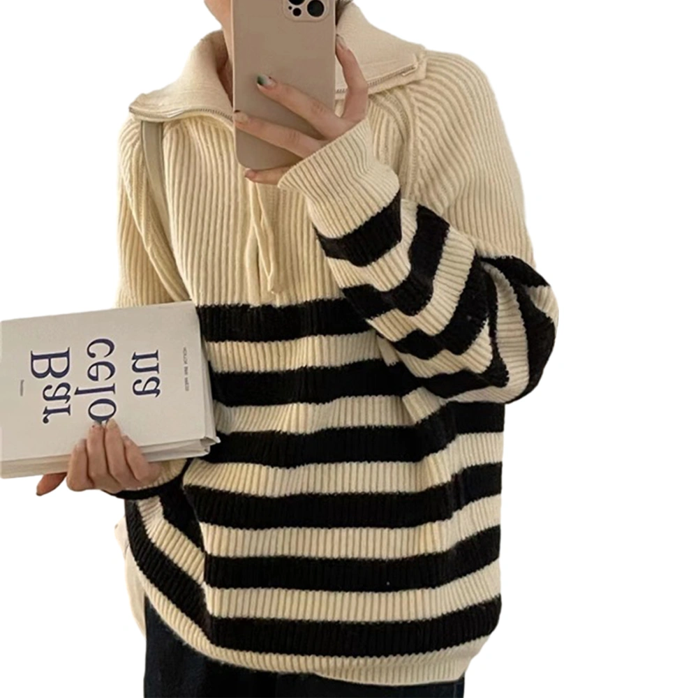 Women Loose Knit Sweater Stripe Half Zipper Long Sleeve Pullovers