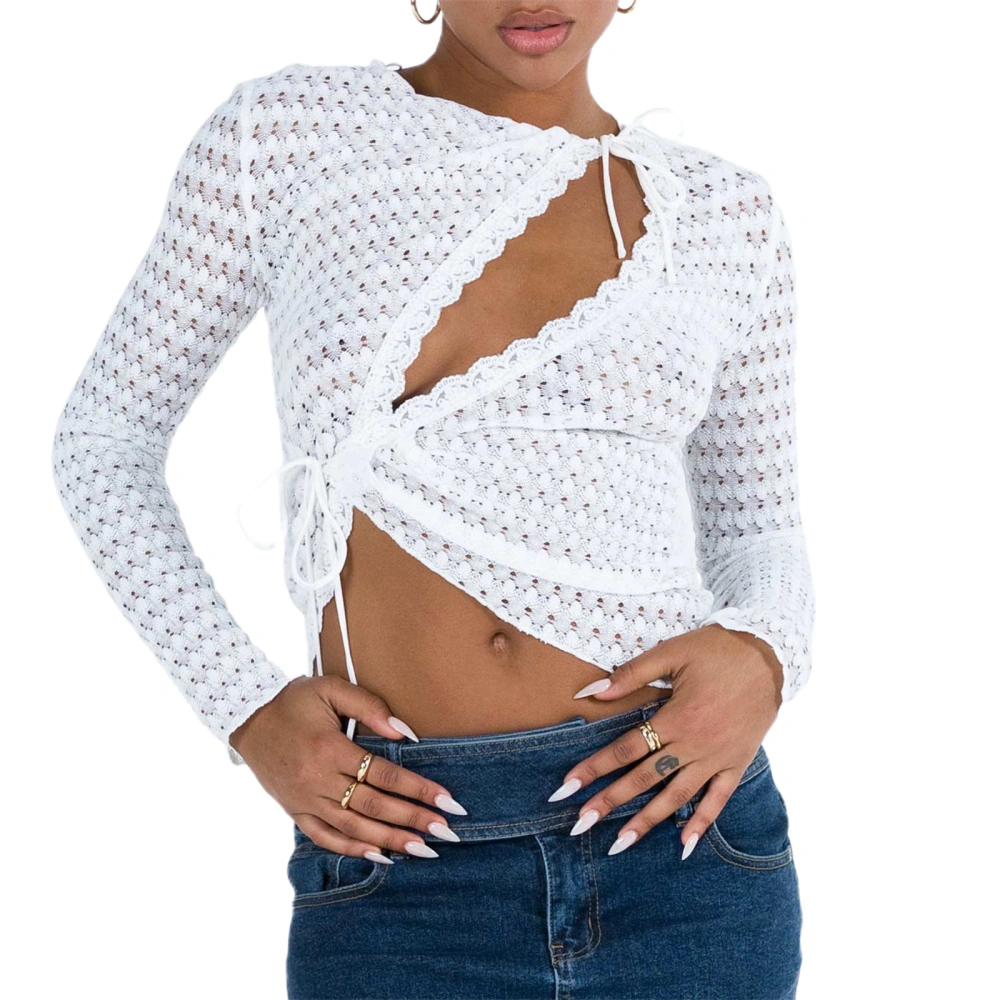 Women T-shirt, Long Sleeve U Neck Tie-up Hollowed Irregular Crop Top