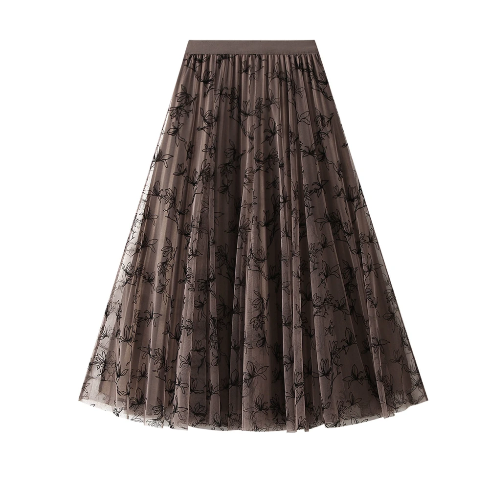 Women's Elegant Midi Tulle Skirt, Floral Layered A-Line Pleated Skirts