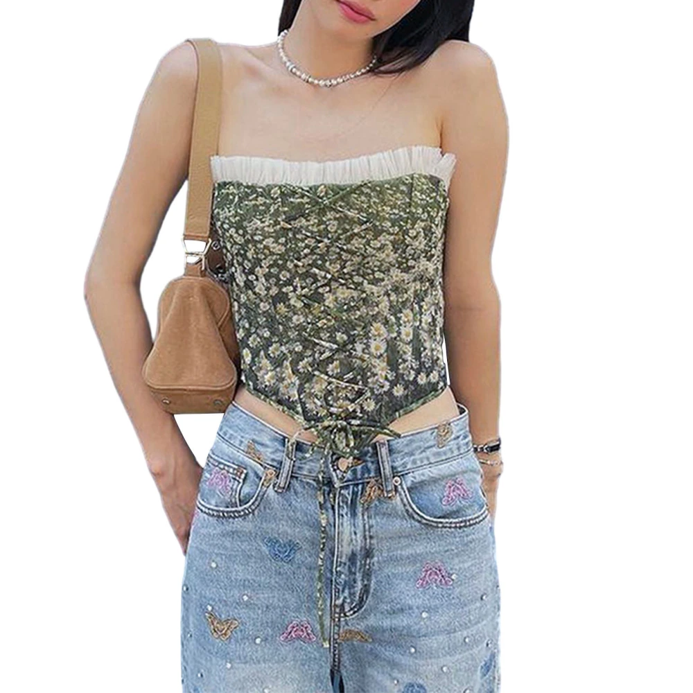 Women Tube Top, Strapless Backless Tie-up Patchwork Floral Vest