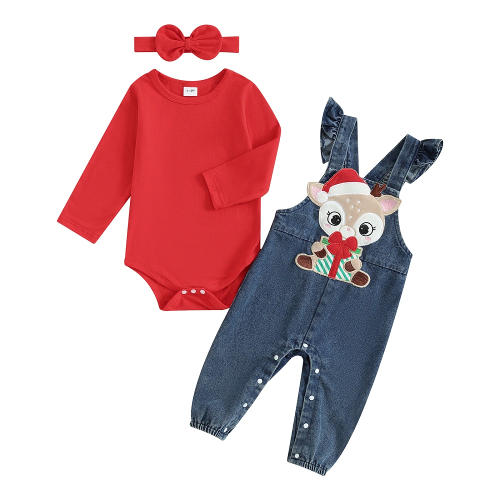 Infant Baby Romper + Deer Suspendder Denim Pants + Headband 