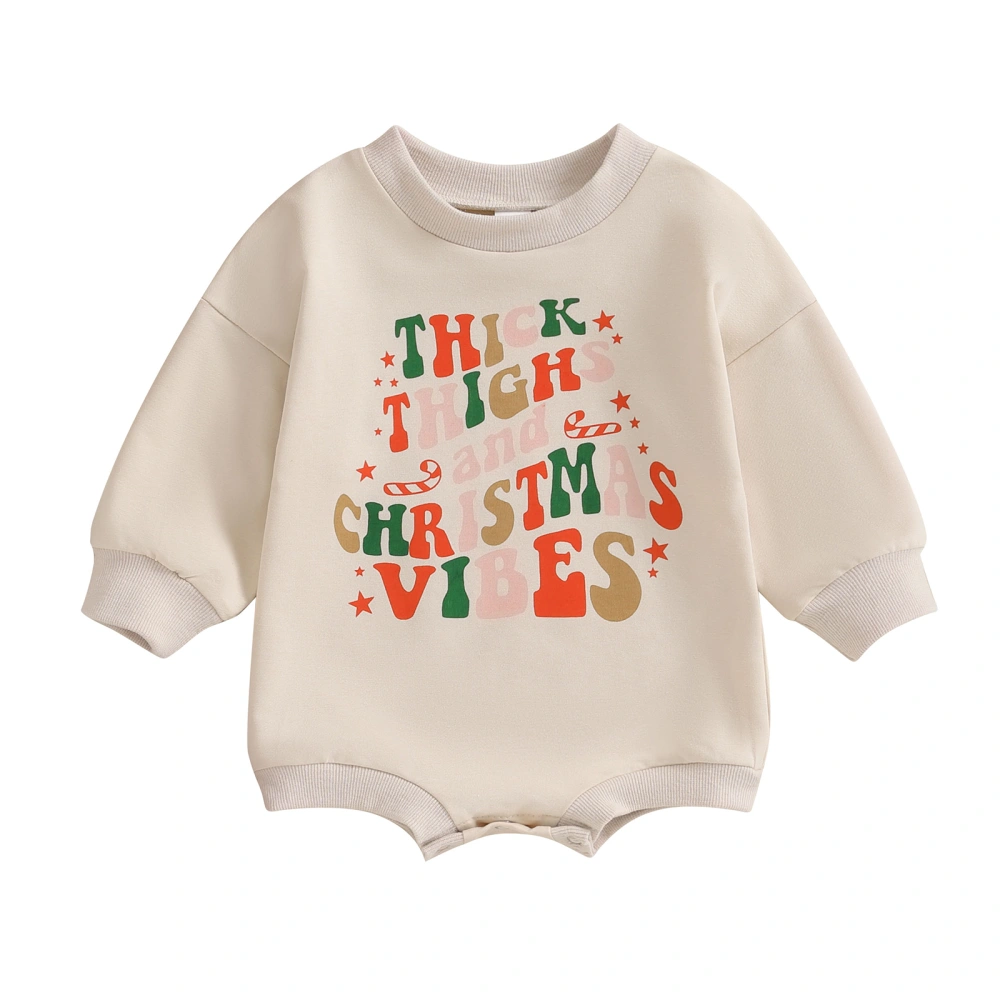 Baby Girls Christmas Khaki Long Sleeve Crewneck Letter Print Romper