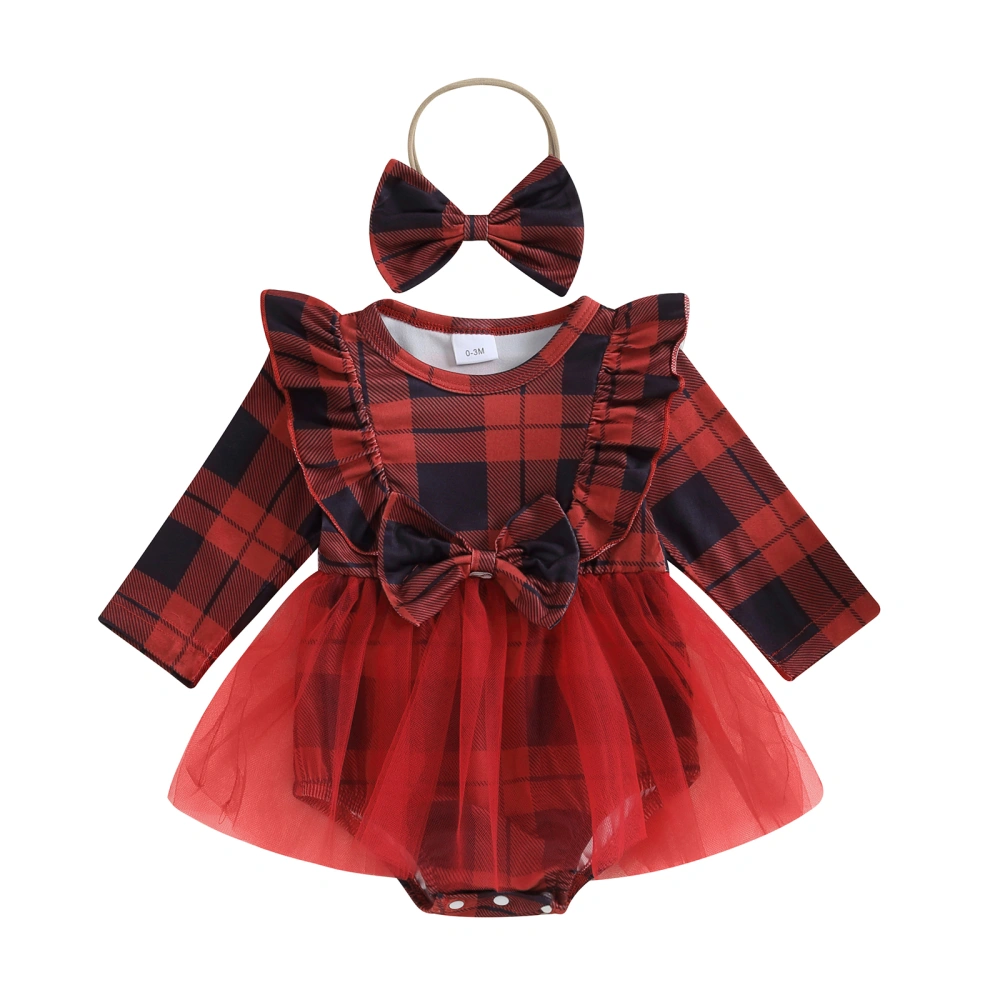 Baby Girls 2 Piece Outfits Plaid Print Mesh Romper Dress and Headband