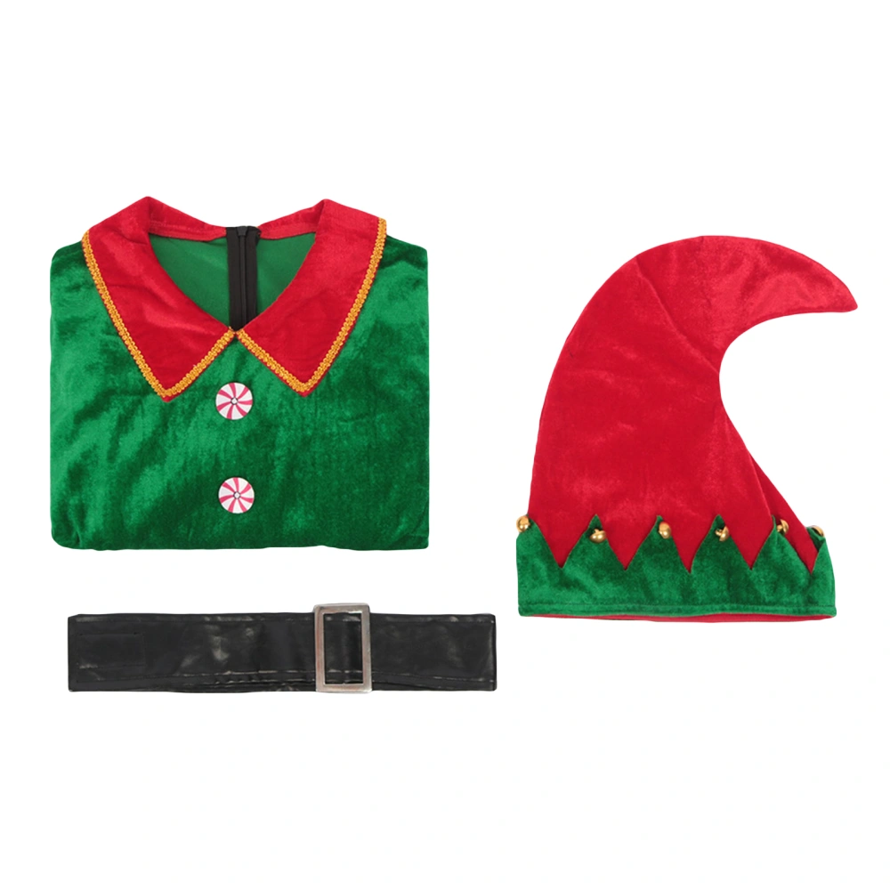 Women Christmas Costume, Short Sleeve Patchwork A-line Dress Belt Hat