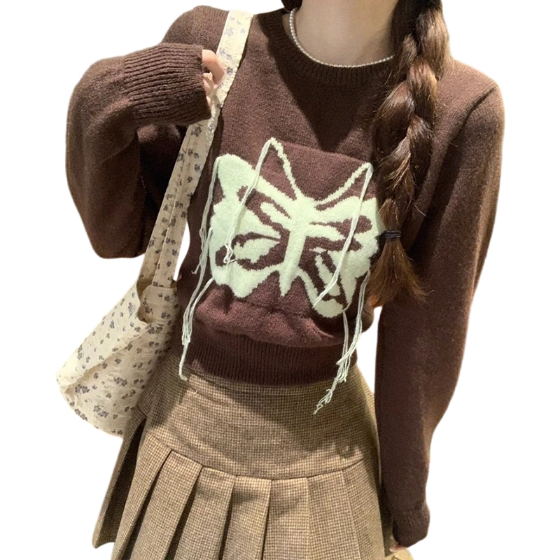 Women Mohair Sweater Butterfly Pattern Tassel Long Sleeve Pullovers