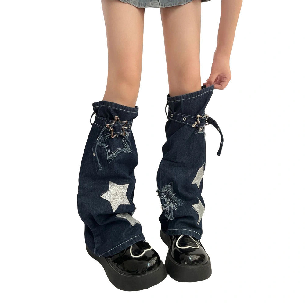 Women Denim Leg Warmers Metal Buckle Belt Stars Boots Cuffs Covers