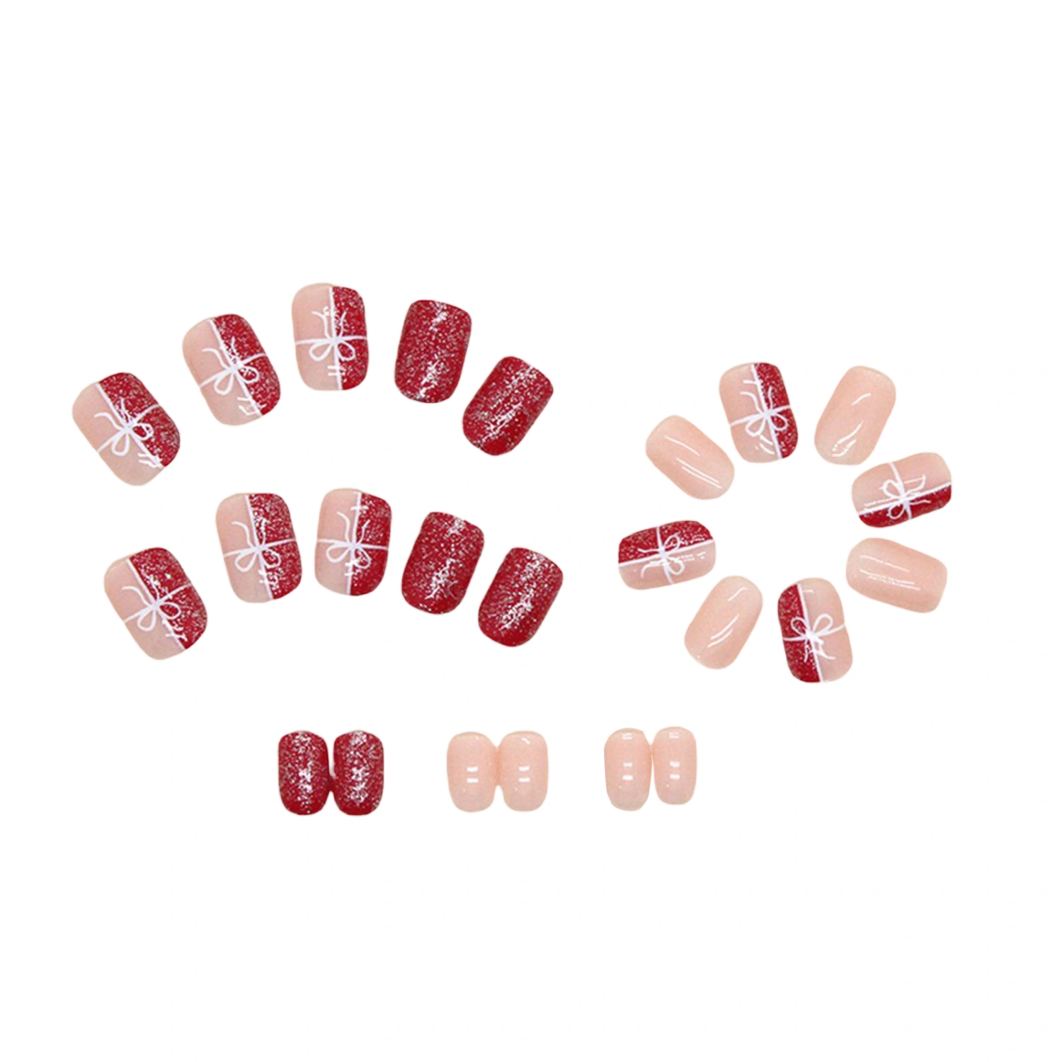 Christmas Press on Nails 24Pcs Short Nails with Bow Glitter Design