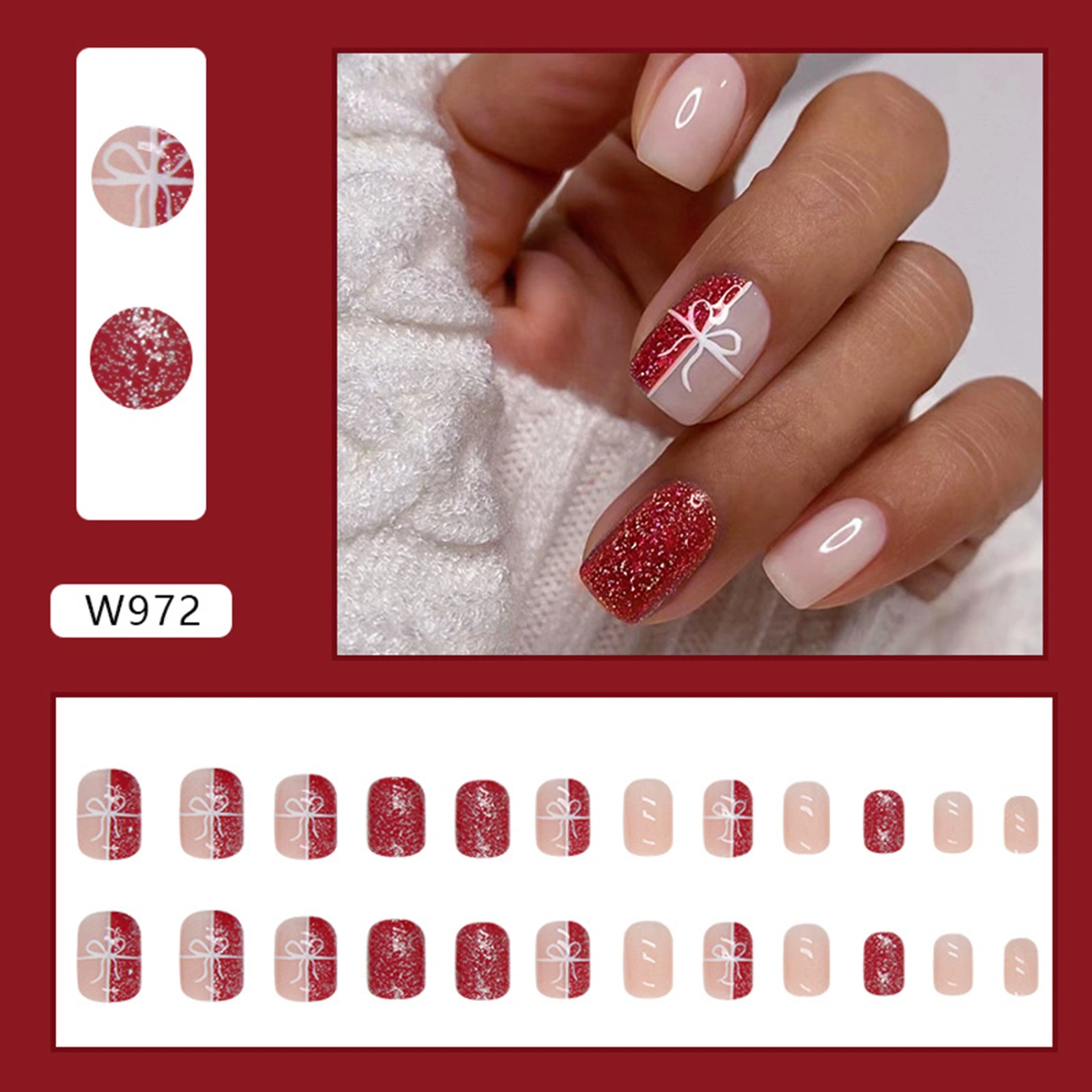 Christmas Press on Nails 24Pcs Short Nails with Bow Glitter Design