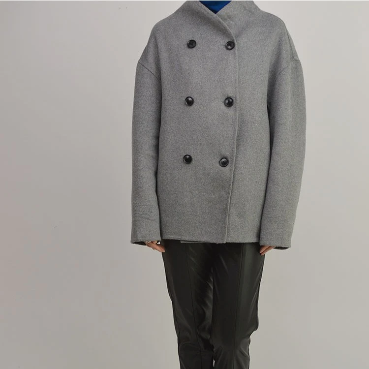 Small Stand Collar Wool Short Gray Coat