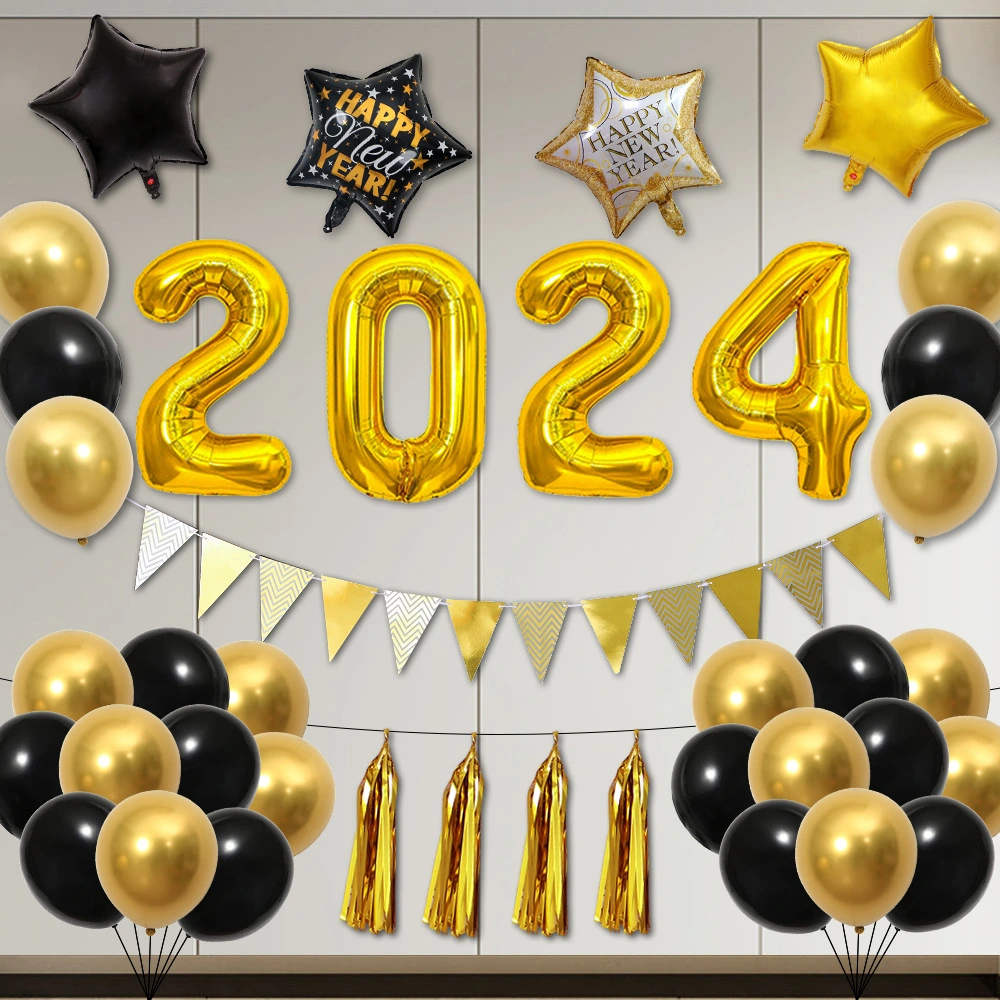 32-inch 2024 New Year Balloon Set Wine Bottle Gilding Triangle Hanging Flag Balloon