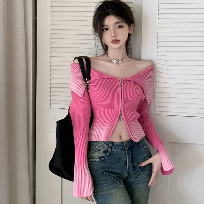 Autumn And Winter New Slim Vertical Striped Long Sleeve Knitted Cardigan Top Off-the-shoulder Cropped Sweater Coat