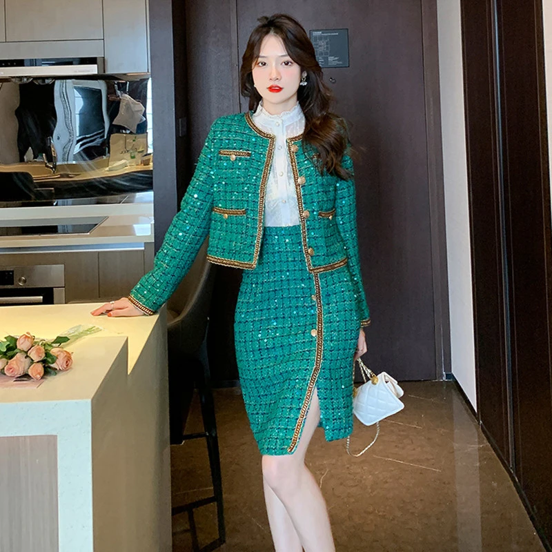 Green Tweed Coat Irregular Sheath Skirt Suit