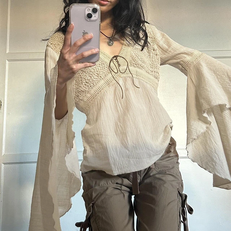Ethnic Style Retro Plaid V-neck Lace-up Mesh Flared Long Sleeve Shirt