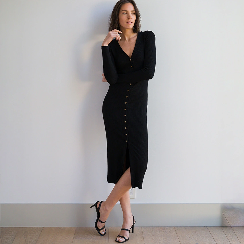Knitted Slit Slim Dress V-neck