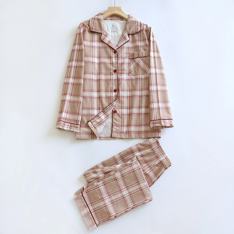 Cotton Medium Thick Brushed Couple Plaid Pajamas Suit Outerwear Homewear