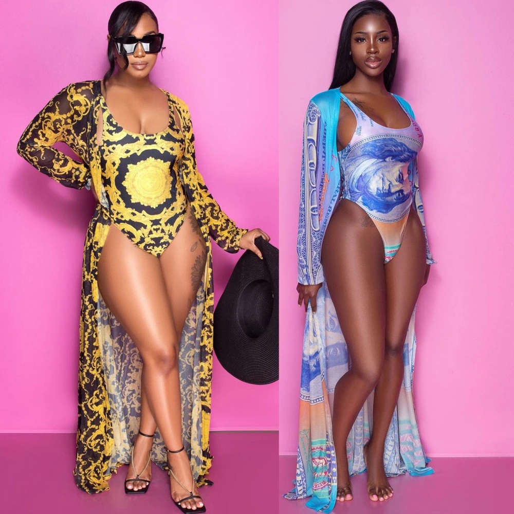 Women's Mesh Floral Print Swimsuit Women's Two-piece Shawl