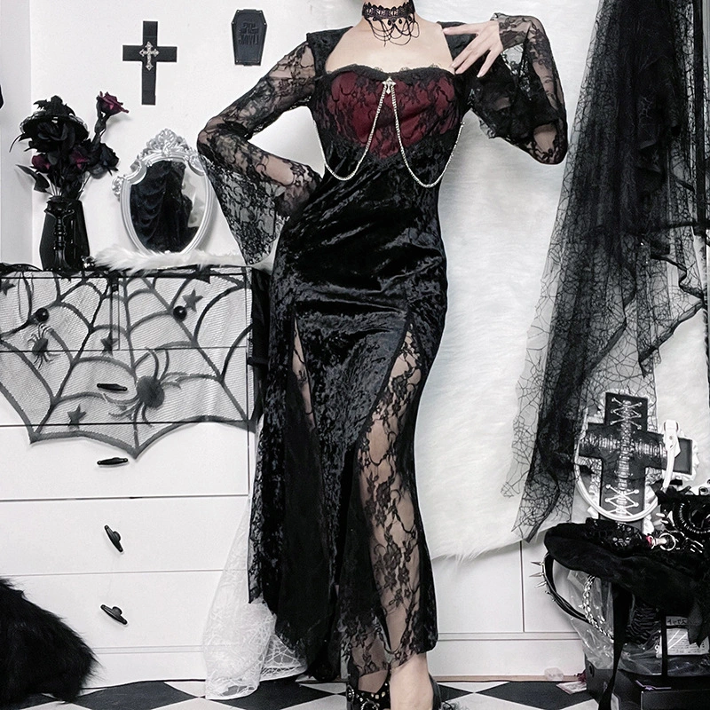 Patchwork Dark Style Dress Lace Sleeve