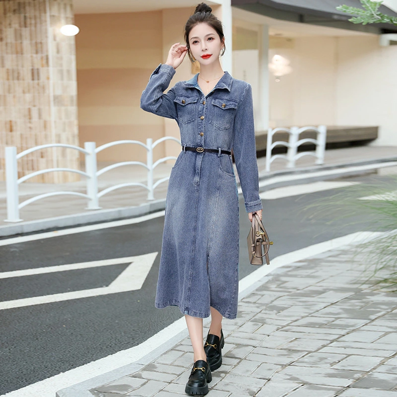 Overknee Long Women's Retro Temperament Waist-controlled Denim Dress