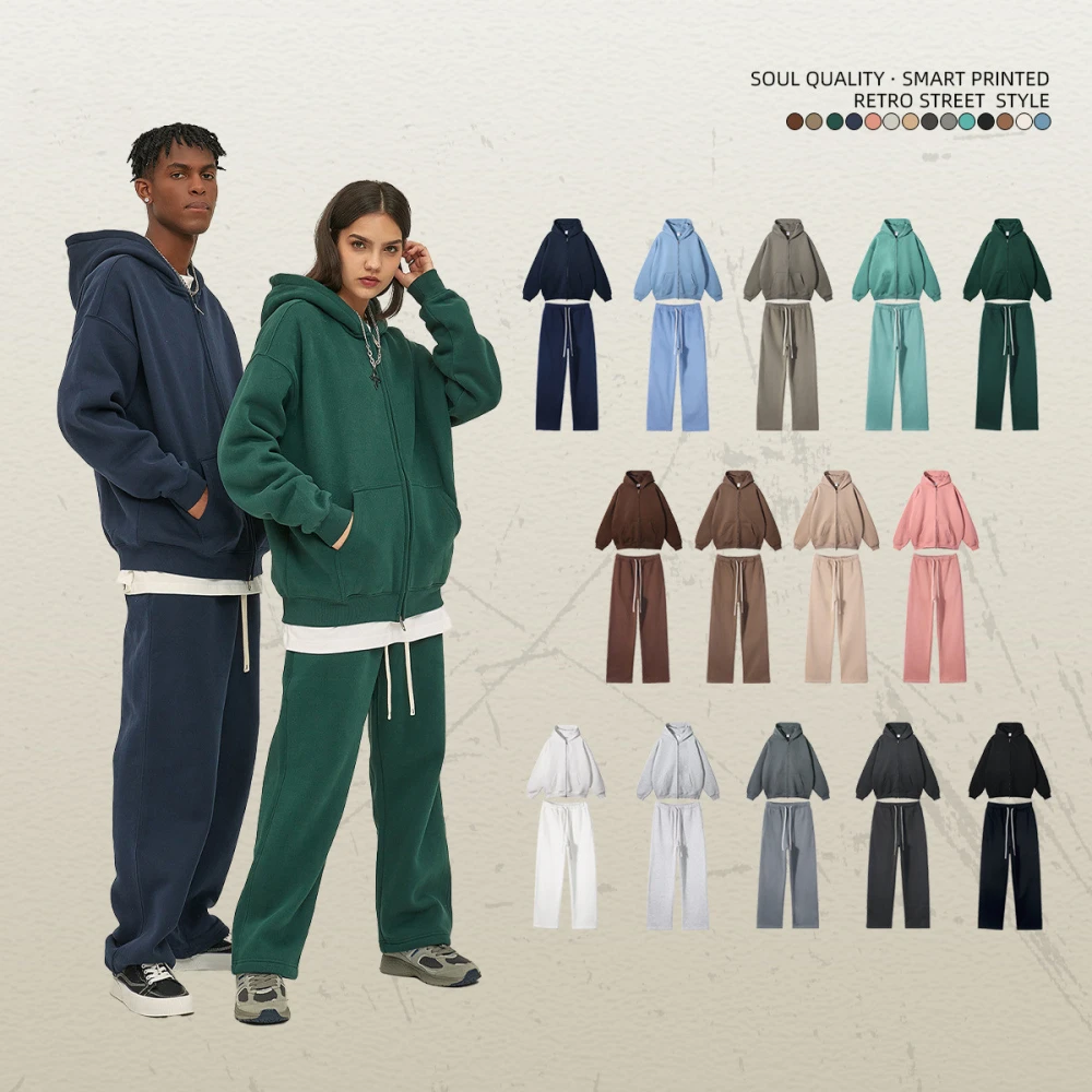 Autumn And Winter New Fleece-lined Thickened American Fashion Brand Zipper Men's Sweater Blouse And Pants