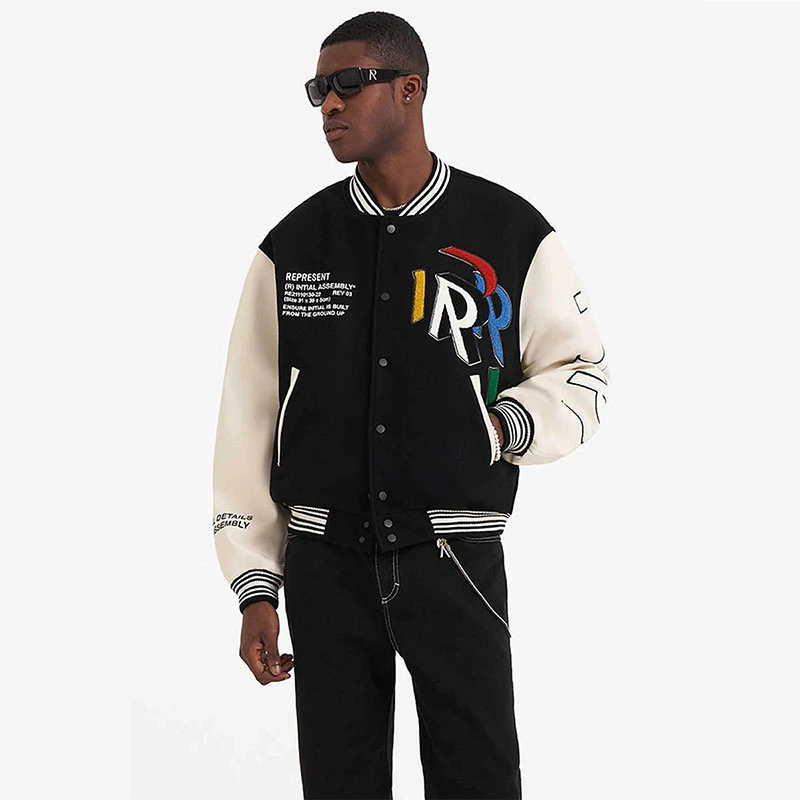 Color R Letter Embroidery Quilted Leather Sleeve Jacket Jacket Men's And Women's Baseball Uniform
