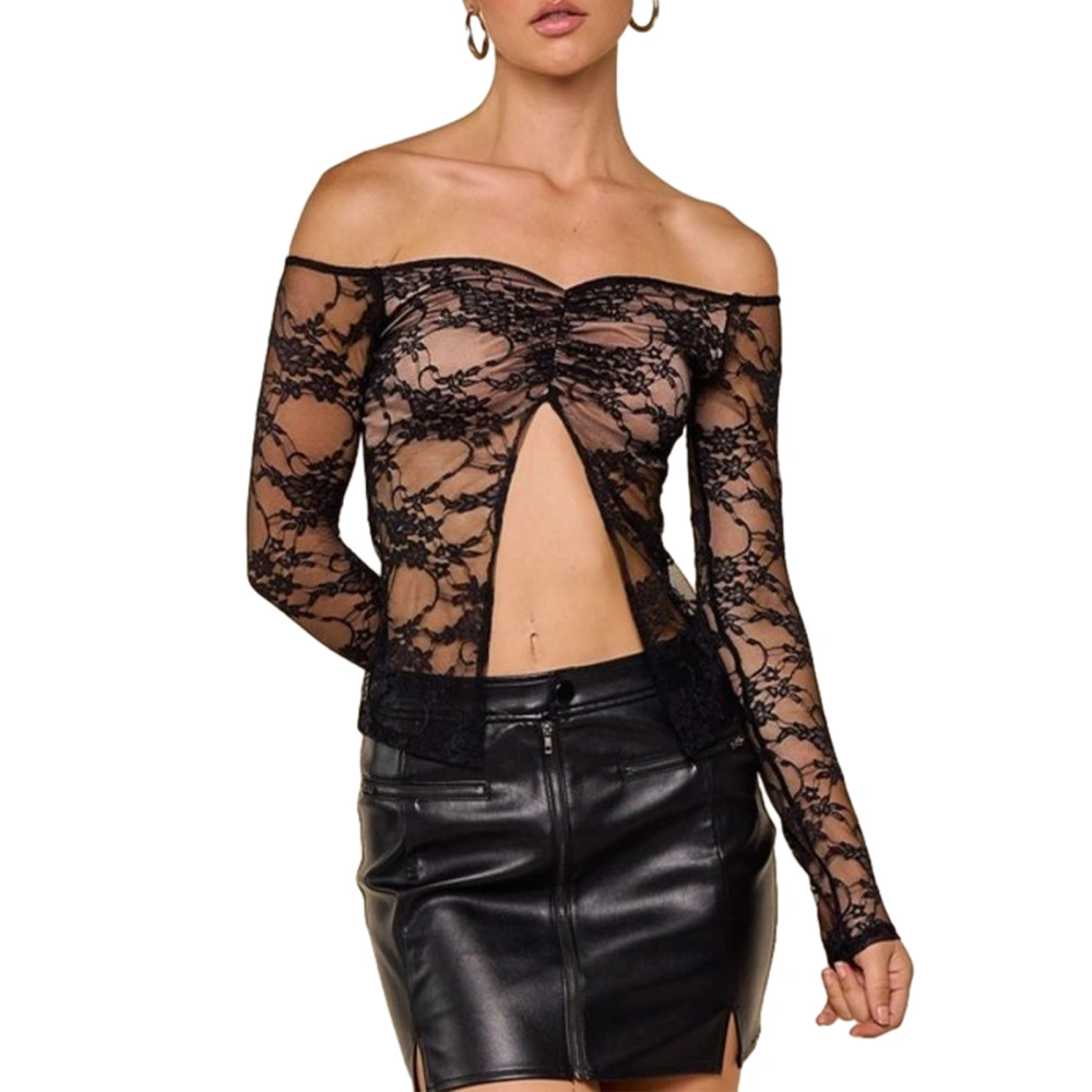 Women Sheer Lace Short T-Shirts See-Through Boat Neck Shirts