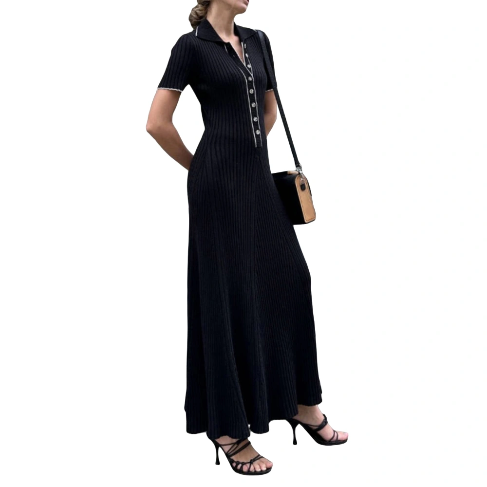 Women Summer Casual Long Dress Patchwork Turn-Down Collar Dress