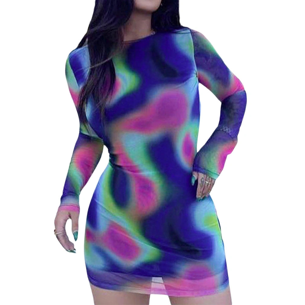 Women Long Sleeve Dress Tie-Dye Print Backless Bodycon Party Dress