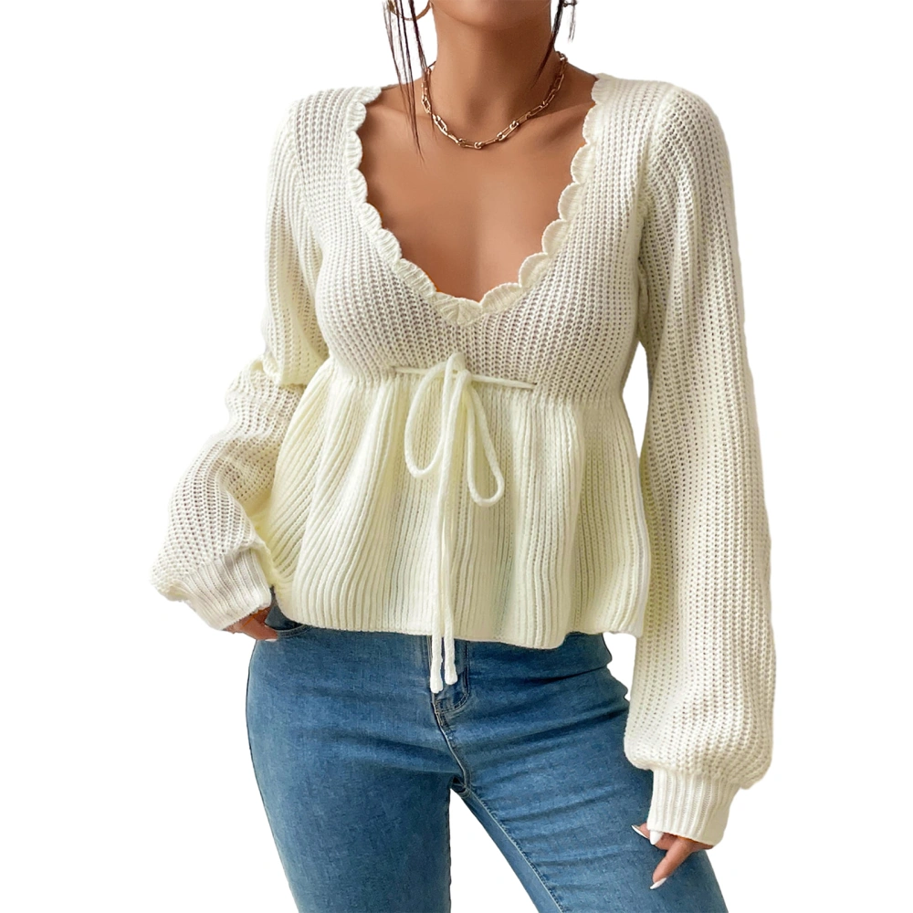 Women's Spring Solid Color Long Sleeve Drawstring Waist Knitwear