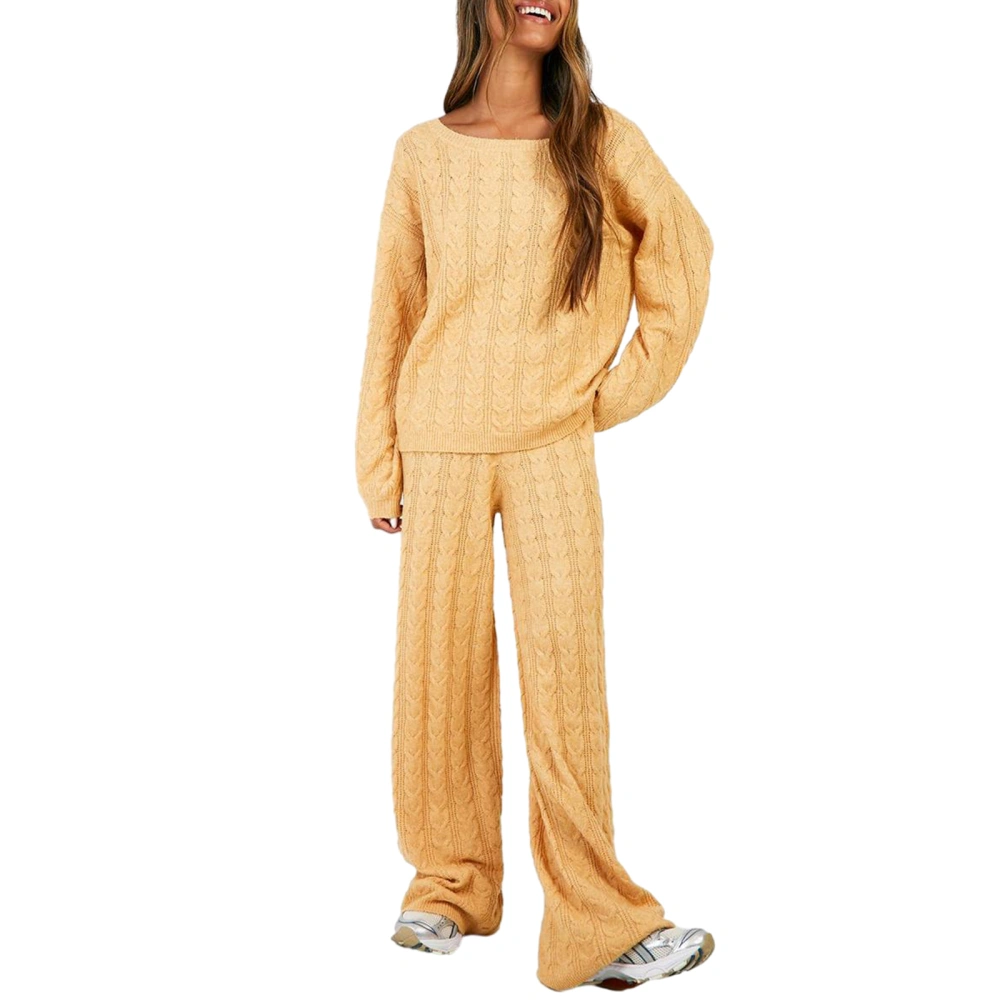 Women's Knit Outfits Solid Color Long Sleeve Tops Pants Loungewear 