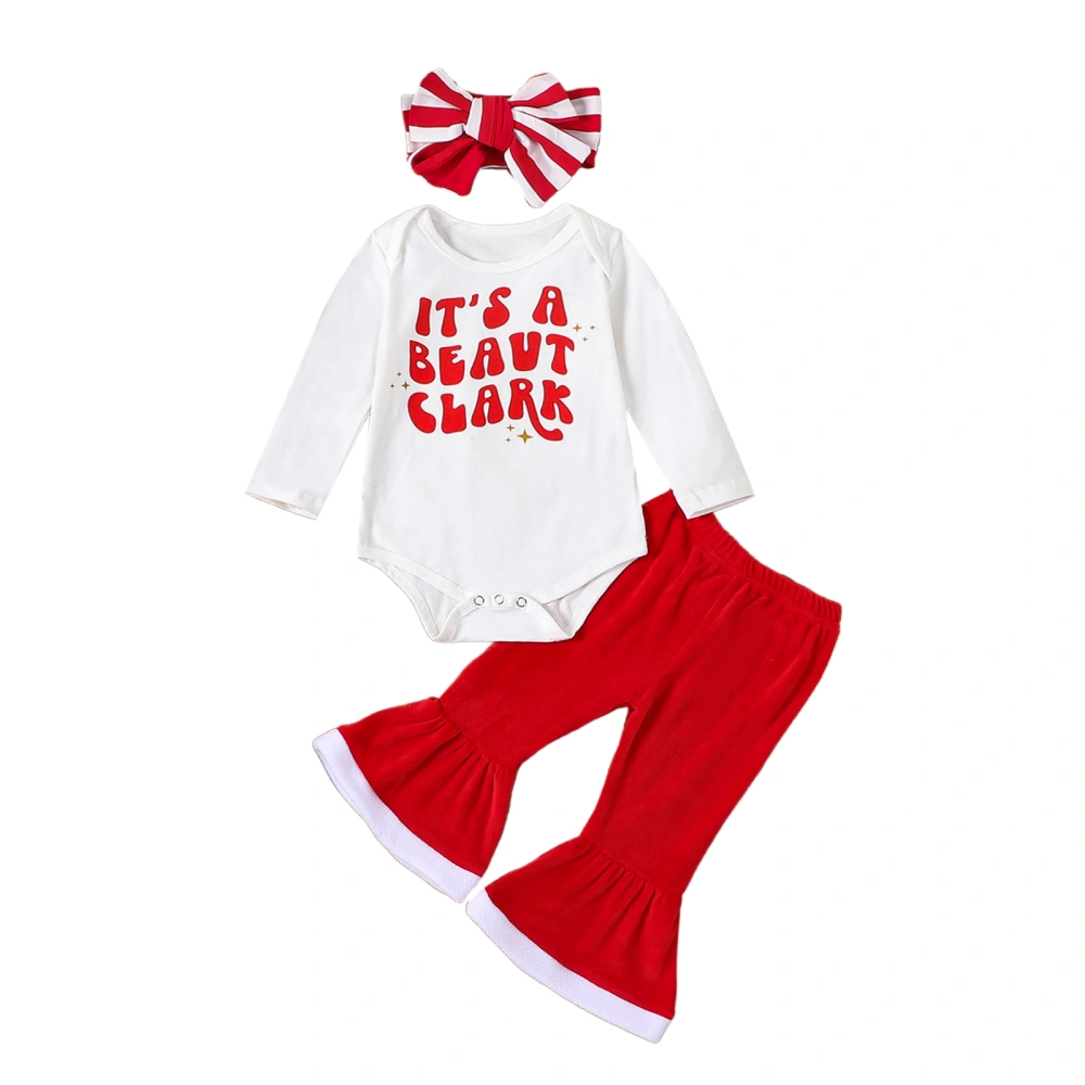 Baby Long Sleeve Letter Print Romper Red Flared Pants Headband Sets