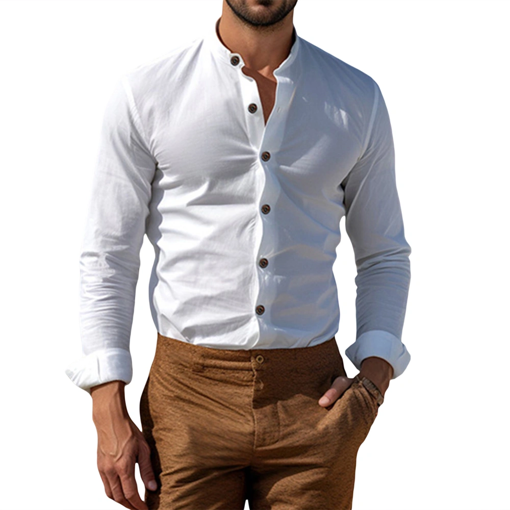 Men's Retro Cotton Linen Tops Long Sleeve Button Slim Henley Shirt