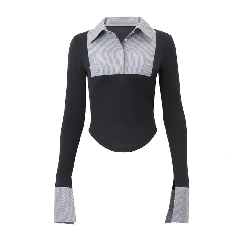 Women's Long Sleeve Lapel Button Contrast Color Slim Fit T-shirt Shirt