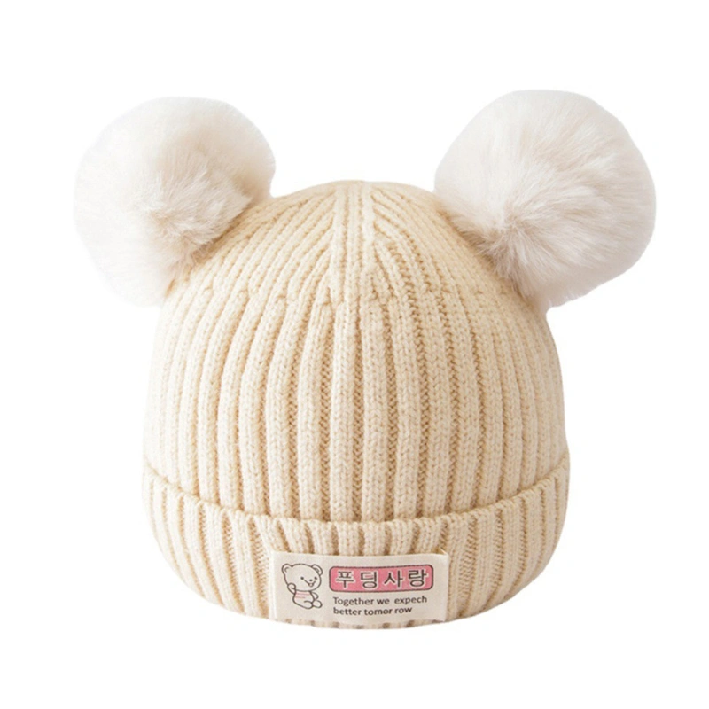 Baby Girls Boys Beanie Bear Letter Patch Double Bobbles Warm Cap