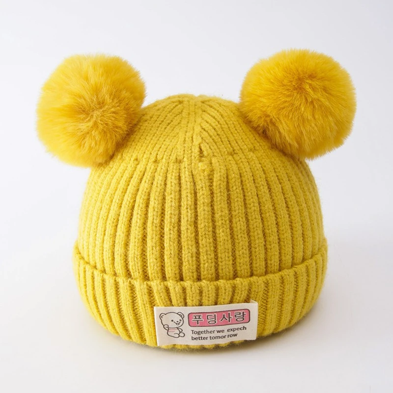 Baby Girls Boys Beanie Bear Letter Patch Double Bobbles Warm Cap