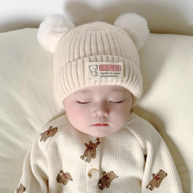 Baby Girls Boys Beanie Bear Letter Patch Double Bobbles Warm Cap