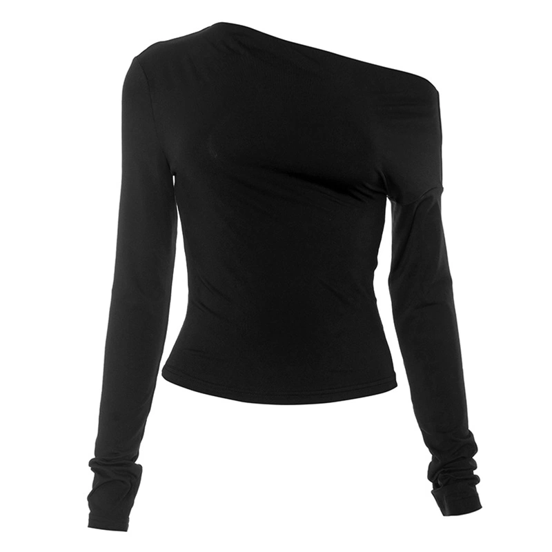 Women T-shirt Long Sleeve Oblique Neck Solid Slim Fit Ladies Fall Tops